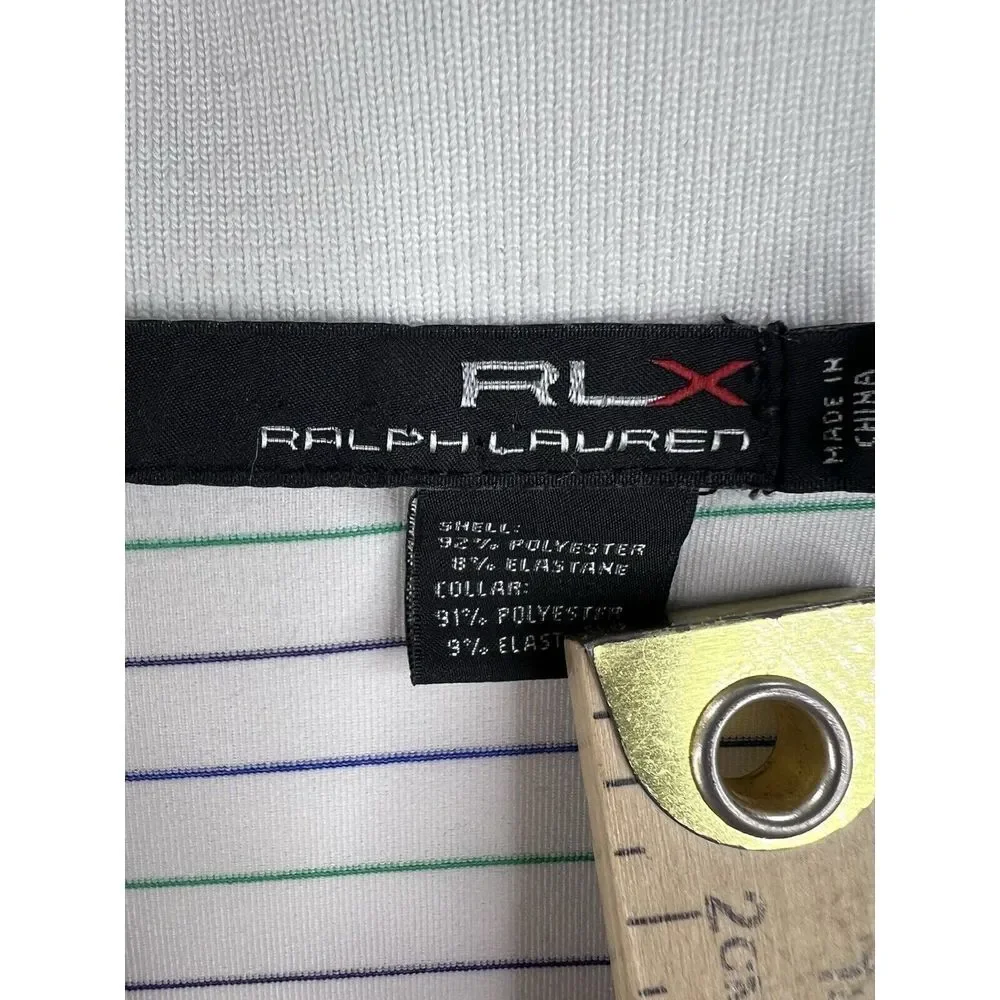 RLX Ralph Lauren Polo Shirt White with Green‎ Stripes Stretch Short Sleeve Golf